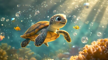 Animated sea turtle swimming in underwater scene.