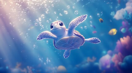 Underwater scene with a cheerful sea turtle.