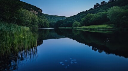 Fototapeta premium Tranquil lake at dusk with calm waters reflecting lush green hills and a serene atmosphere for peaceful nature lovers.