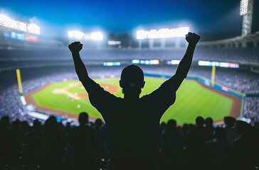 Silhouette of fan cheering at baseball game in stadium with crowd