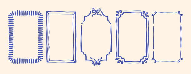 Set of Hand Drawn Border Frame Retro Vintage Aesthetic with Bow for Wedding, Summer Mediterranean Sea Food Menu, Greeting Card, with Dolce Vita Picnic Vacation in Vector