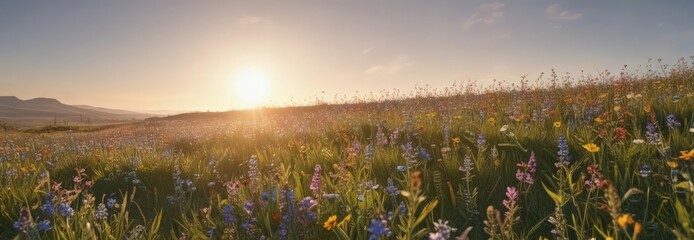 Sunlit field of wildflowers, cloudless sky above , sun, botanical