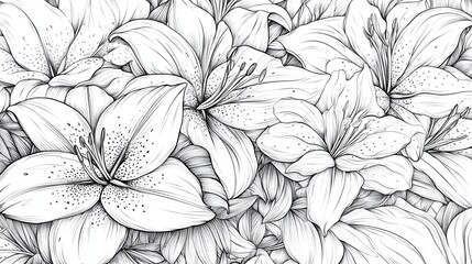 Detailed line drawing of lilies creates an intricate, floral pattern. Ideal for backgrounds, coloring pages, or textile design projects.