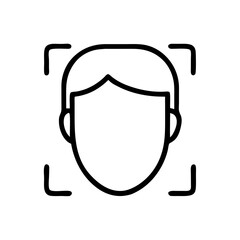 Black line icon of face scan for facial recognition on white background. Use for tech/security sites, ID verification, or biometrics themes.