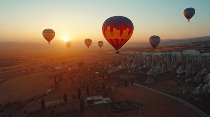 Naklejka premium Colorful hot air balloons over a landscape at sunrise.