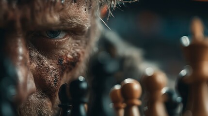 Obraz premium Intense Focus on Chess A CloseUp of a Strategists Eye Amidst Chess Pieces