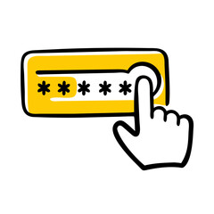 Line icon: hand entering PIN (asterisks) into yellow field, white background. Use for security, login, or authentication sites/blogs.