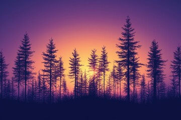 Forest Silhouette at Sunrise: Purple and Orange Gradient