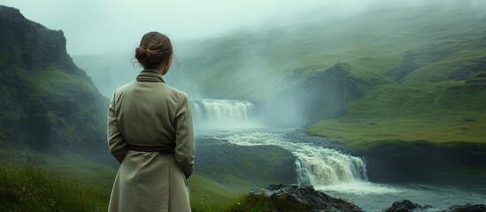 Obraz premium Woman Watching Scenic Waterfall in Green Landscape on Foggy Day