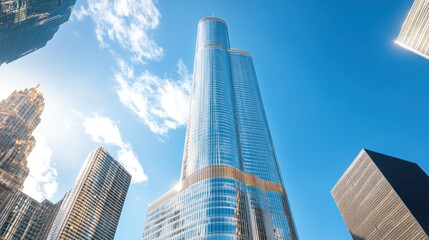 Naklejka premium Modern skyscraper towering against a vibrant blue sky
