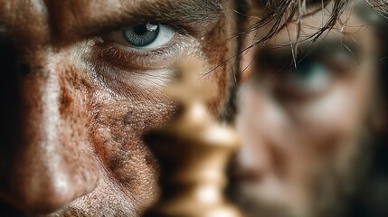 Intense CloseUp of Human Eye with Chess Piece Highlighting Strategy and Focus