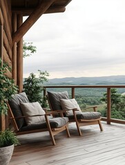 Obraz premium Serene Mountain View from Log Cabin Deck with Comfortable Wooden Chairs and Pillows