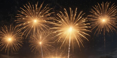 Naklejka premium Golden fireworks explode, illuminating night sky, backdrop, blazing