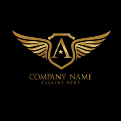 wing and shield letter A Gold color, Victory logo, wing logo, vector logo template