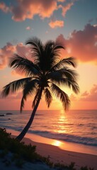 Obraz premium Tranquil Tropical Paradise: Silhouetted Palm Tree Against a Vibrant Sunset Over a Calm Ocean