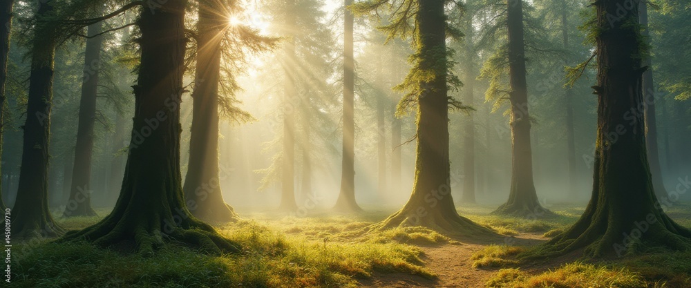 Poster Sunlight Filtering Through a Dense Forest with Fog and Moss-Covered Trees, Creating a Serene and Magical Atmosphere