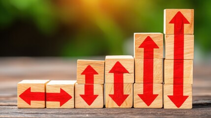 A wooden block with a red arrow on top symbolizing inertia breakout in a concept of momentum-led escape