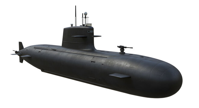 Detailed Black Submarine Isolated on White Background in High Angle View Showcasing Naval Technology and Sleek Design