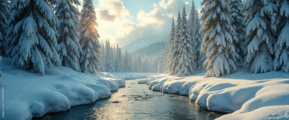 Poster Winter landscape with snowy trees and river flowing through a snow-covered forest, sunlight shines through the clouds creating a m