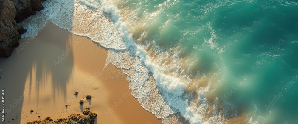 Poster aerial view of turquoise ocean waves lapping against a sandy beach with dramatic shadows and coastal