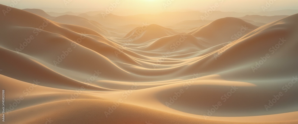 Poster sand dunes at sunset, a serene desert landscape with rolling hills and warm sunlight creating soft s