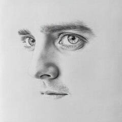 Obraz premium Detailed Graphite Pencil Drawing of a Man's Eyes, Nose, and Lips with Subtle Facial Hair
