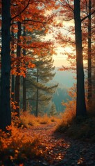 Obraz premium Autumn forest pathway scene with orange leaves and sunlight, nature landscape, trees, foliage and trail