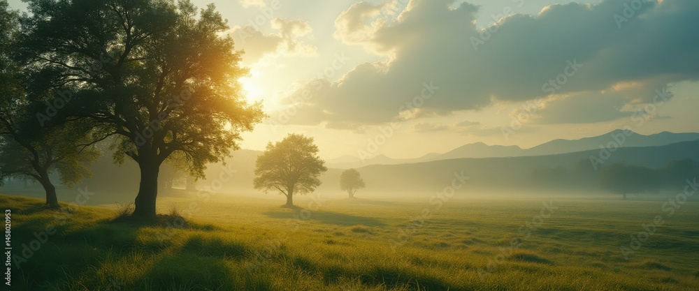 Poster serene landscape with a golden meadow, lush trees illuminated by sunlight breaking through soft clou