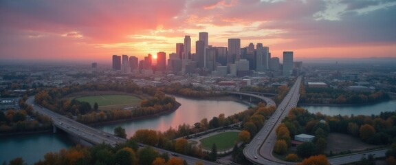 High-angle view of an anonymous cityscape featuring modern architecture, a river, bridges, and lush green foliage during a colorful sunset