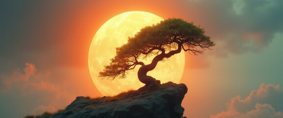 Fototapeta premium Solitary Bonsai Tree Silhouette Against a Radiant Full Moon in Tranquil Nature Scene