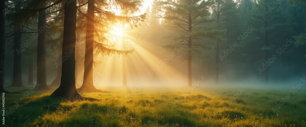 Poster Sunlight filters through a misty forest, illuminating the meadow with a golden glow, creating a serene and idyllic natural scene.