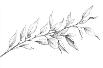 Detailed botanical sketch of a leafy branch on clean white paper. Use in invitations, decorations, and natural designs with elegance.