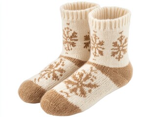 A pair of knitted socks with snowflake patterns on a white surface