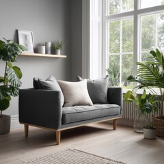 Serene Living Room Interior with Modern Sofa and Natural Light from Large Window