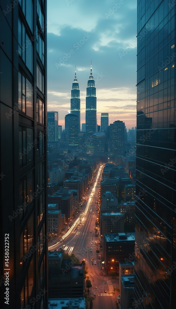 Leinwandbilder dusk cityscape view of towering skyscrapers with bright car light trails and urban buildings creatin