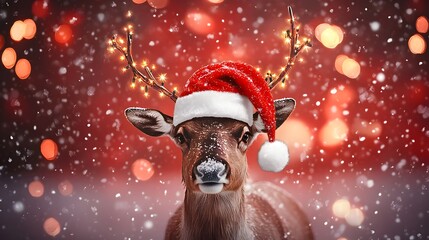 Festive deer wearing a santa hat in a snowy scene.