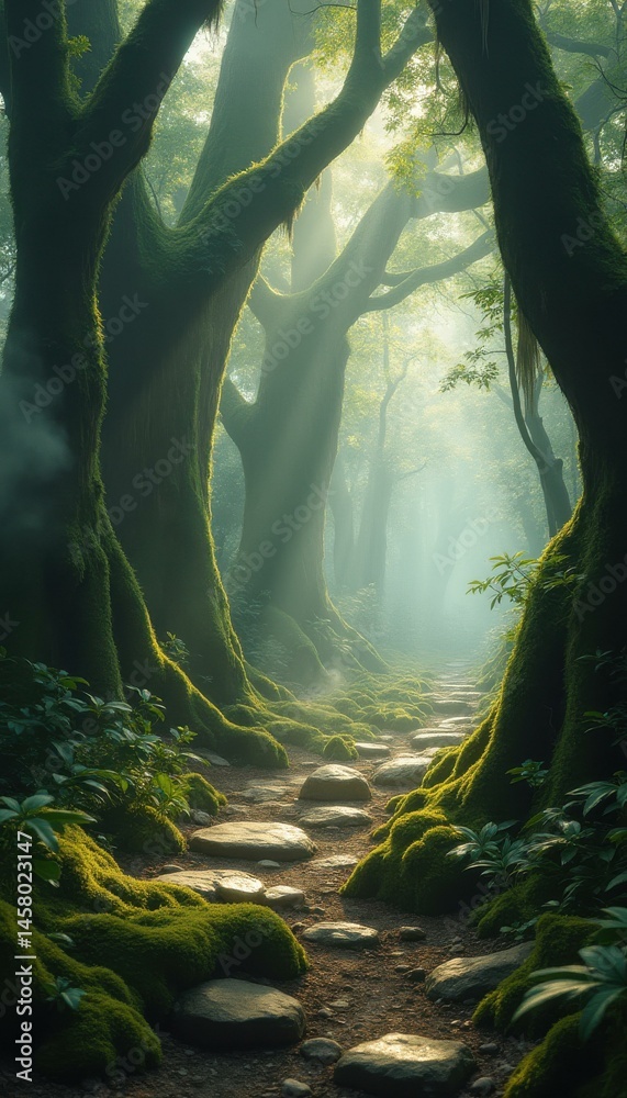 Aufkleber path through an enchanted forest with mossy trees and misty sunlight
