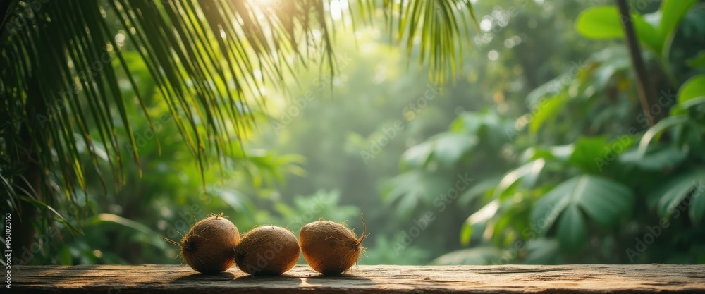 Poster coconuts on wooden table in a tropical jungle setting with sunlight and lush greenery
