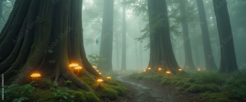 Aufkleber ethereal forest path with glowing mushrooms and ancient trees in a mystical, foggy landscape