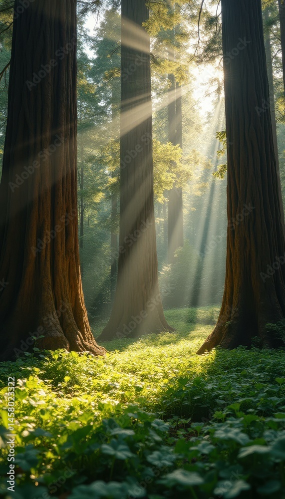 Aufkleber ethereal forest scene: sunlight streaming through ancient redwood trees illuminating a lush green un