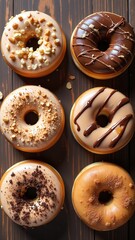 Artisan donuts, Flat lay on rustic wood, gourmet ingredients, Donut Day flavor showcase