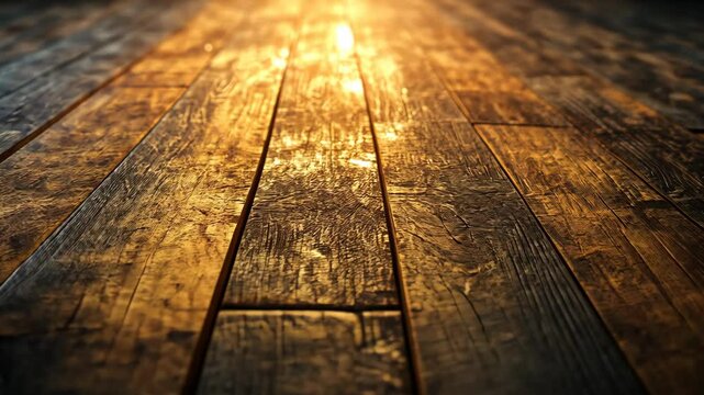 Sunlight shines on rustic wood floor in an interior, creating golden light