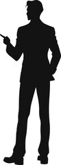 Silhouette of a man in a suit, standing confidently with one hand on his hip and the other pointing forward. Ideal for business, leadership, and professional themes.