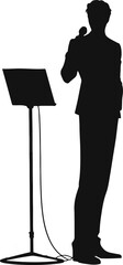 Silhouette of a speaker holding a microphone, standing confidently. Perfect for themes of public speaking, performance, and professional presentations.