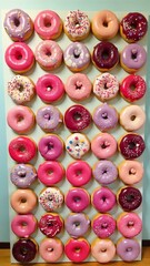 Obraz premium Donut wall display on National Donut Day, A festive arrangement of colorful donuts