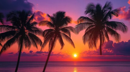 Sunset over the Ocean with Silhouetted Palm Trees in a Vibrant Sky