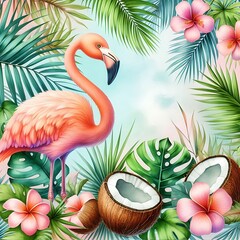 Obraz premium Beautiful Tropical Background Illustration with Pink Flamingo, Palm Leaves, Green Foliage, Exotic Flowers, and Coconuts – Ideal for Summer Themes, Vacation Promotions, and Beach Designs