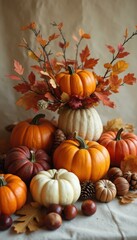 Fall Harvest Still Life: Pumpkins, Gourds, Leaves, and Pine Cones in Autumnal Arrangement