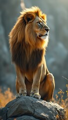 Obraz premium Majestic Male Lion Posing on a Rock, Capturing the Beauty and Power of Wildlife in a Natural Setting with a Warm Color Palette