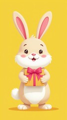 Obraz premium Happy cartoon bunny holding gift box with pink bow on yellow background for Easter marketing campaign, cute character design for social media advertising and children's party invitation